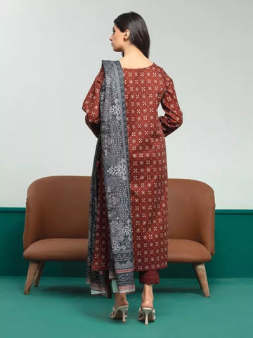 Edenrobe Printed Khaddar 3pc Unstitched Suit Brown  EWU23A3S-27631
