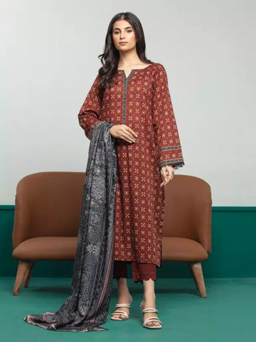 Edenrobe Printed Khaddar 3pc Unstitched Suit Brown  EWU23A3S-27631