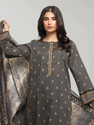 Edenrobe Printed Khaddar 3pc Unstitched Suit Black EWU23A3S-27634