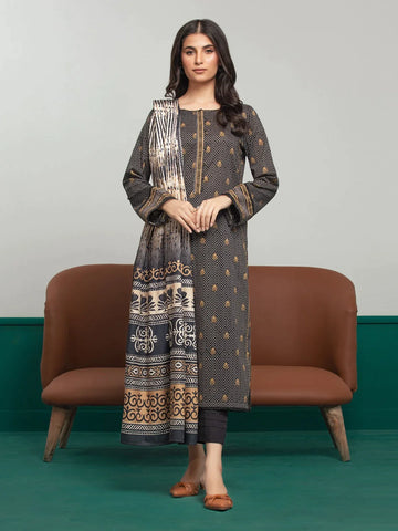 Edenrobe Printed Khaddar 3pc Unstitched Suit Black EWU23A3S-27634