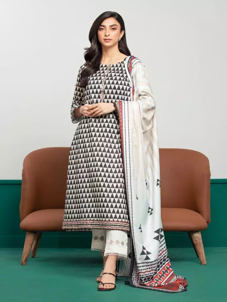 Edenrobe Printed Khaddar 3pc Unstitched Suit Black & White EWU23A3S-27636