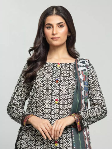 Edenrobe Printed Khaddar 3pc Unstitched Suit Black & White EWU23A3S-27648