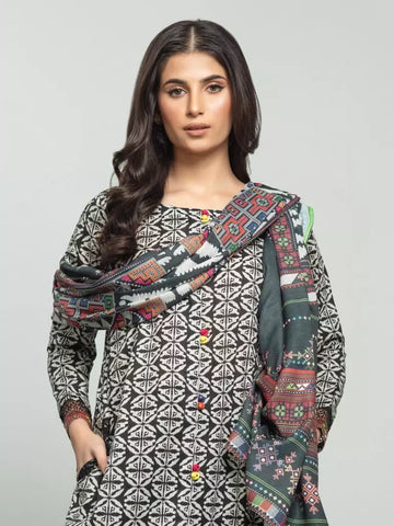 Edenrobe Printed Khaddar 3pc Unstitched Suit Black & White EWU23A3S-27648