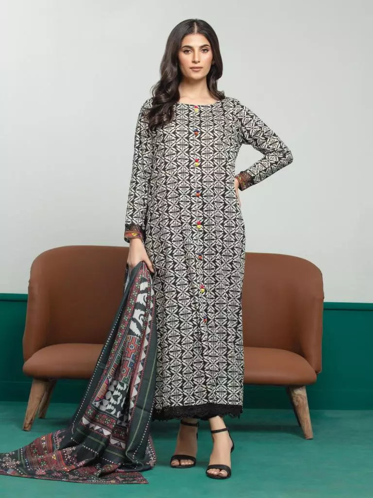 Edenrobe Printed Khaddar 3pc Unstitched Suit Black & White EWU23A3S-27648