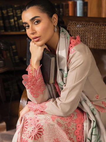 Rang Rasiya Carnation khaddar Shawl 3pc Unstitched Suit D-01 HANNAH
