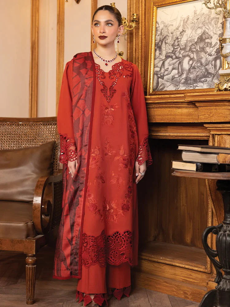 Rang Rasiya Carnation khaddar Shawl 3pc Unstitched Suit D-02 ZOYA