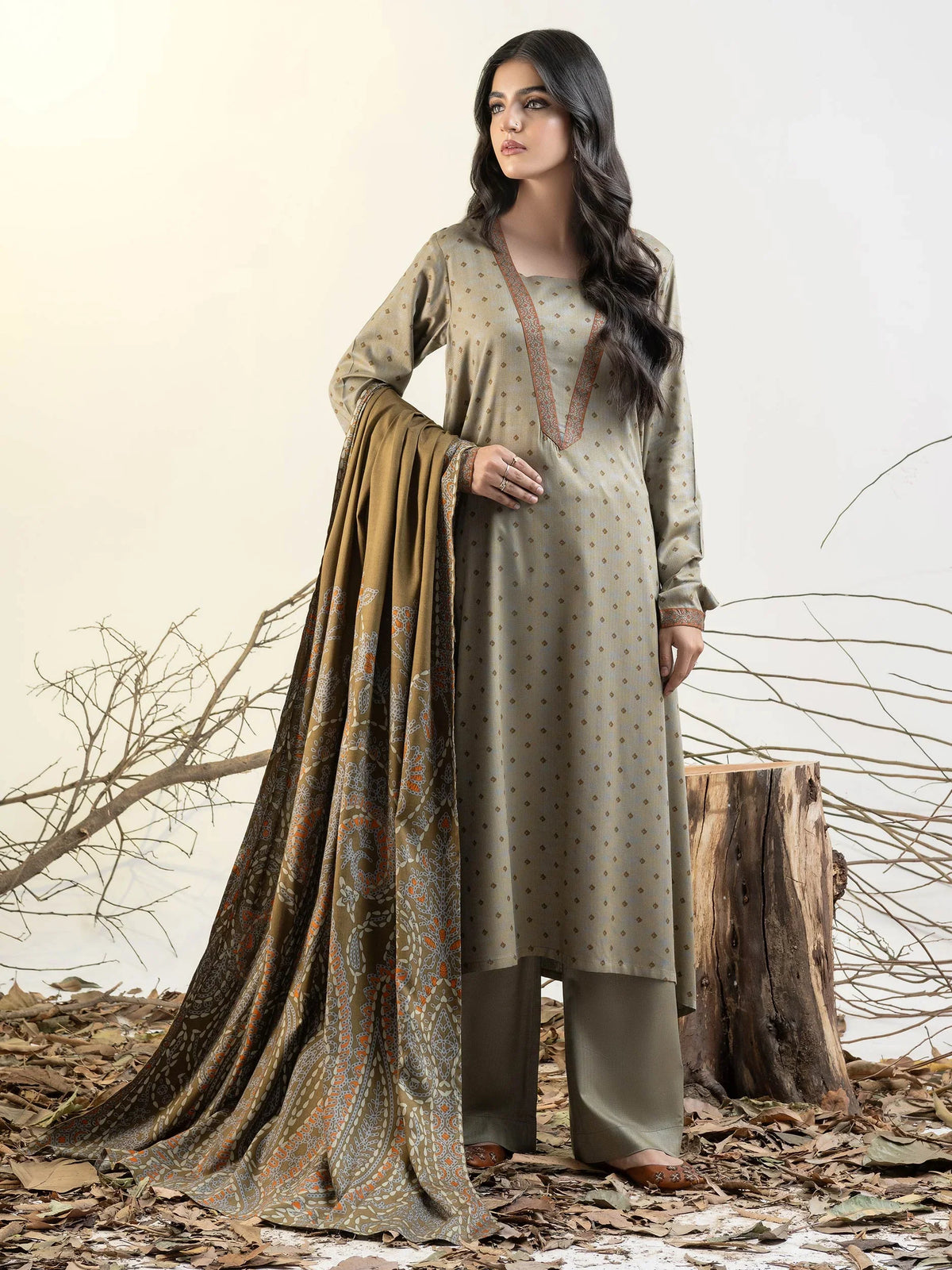 Limelight Winter printed linen Unstitched 3Pc Suit U3151 Beige