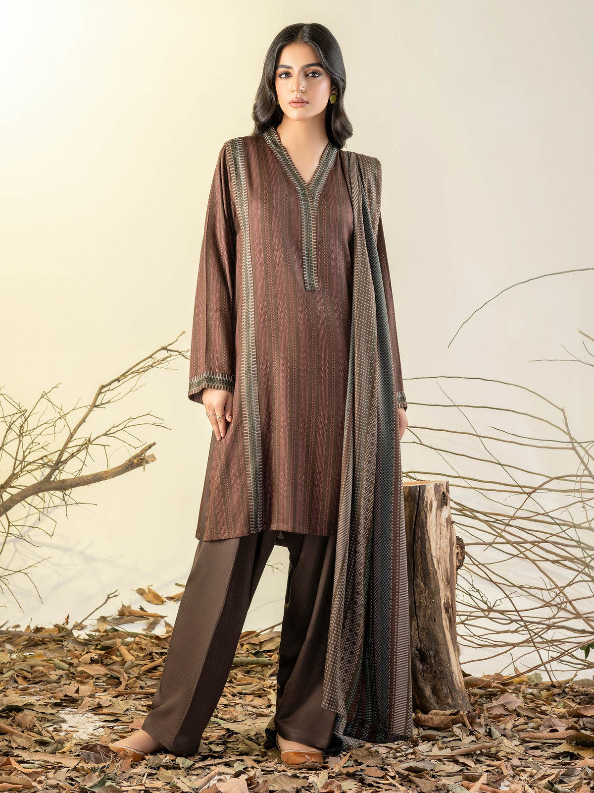 Limelight Winter printed Linen Unstitched 3Pc Suit U3152 Brown